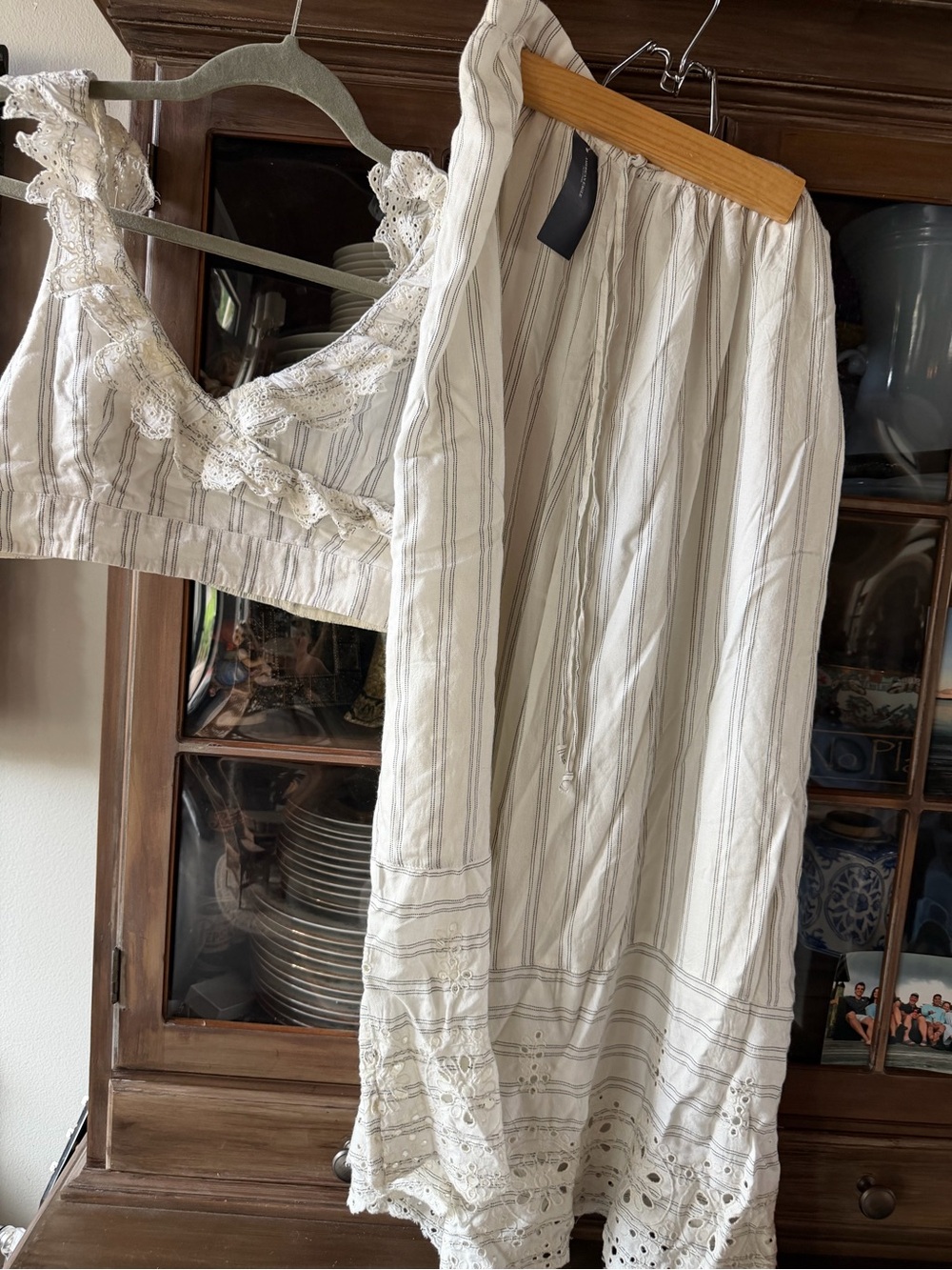 American Eagle Outfitters Cream Striped Lace-Trim Camisole & Skirt Set